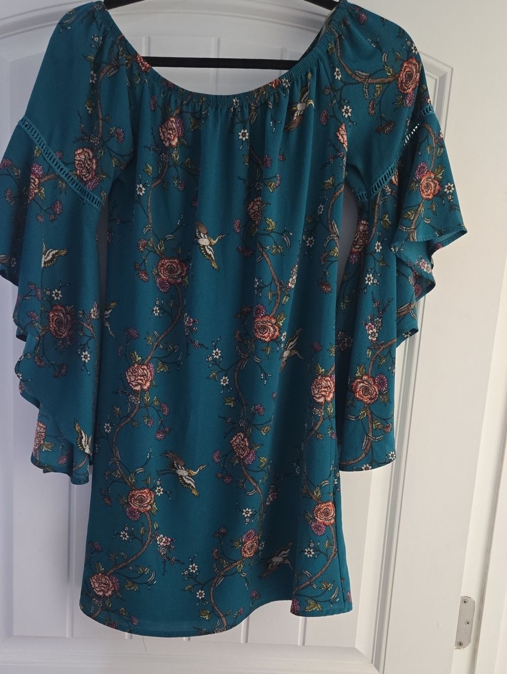 Teal Floral Off-Shoulder Ruffle Sleeve Top